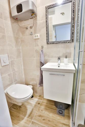 a bathroom with a toilet and a sink and a mirror at Split Inn Apartments in Split