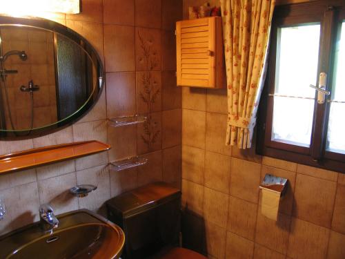 a bathroom with a sink and a mirror and a toilet at Ferienhaus "Badl" in Bad Goisern
