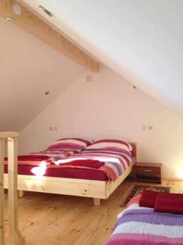 a bedroom with two beds in a attic at Glückliche Elfen in Sankt Kathrein am Hauenstein