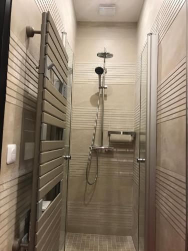 une douche avec une porte vitrée dans une salle de bain dans l'établissement NUMA BLANC 300 M PALAIS DES FESTIVALS, à Cannes