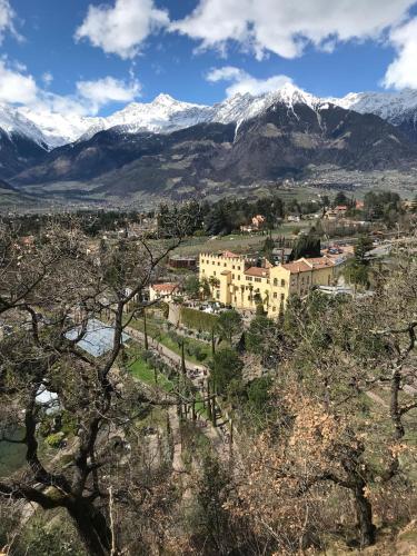 a city with snow covered mountains in the background at Residence Bichler in Merano