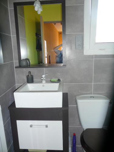 La salle de bains est pourvue d'un lavabo blanc et de toilettes. dans l'établissement Villa Le Mauret, à Andernos-les-Bains