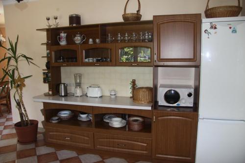 a kitchen with wooden cabinets and a refrigerator at Saulesdarzs in Ragaciems