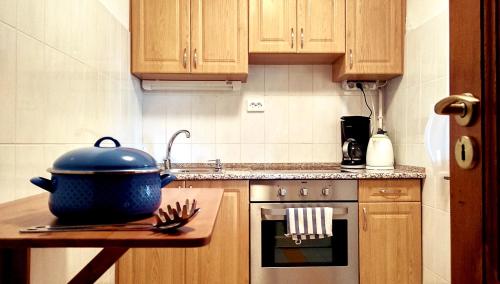 a kitchen with a blue pot on a stove at Villa Teleki in Teleki