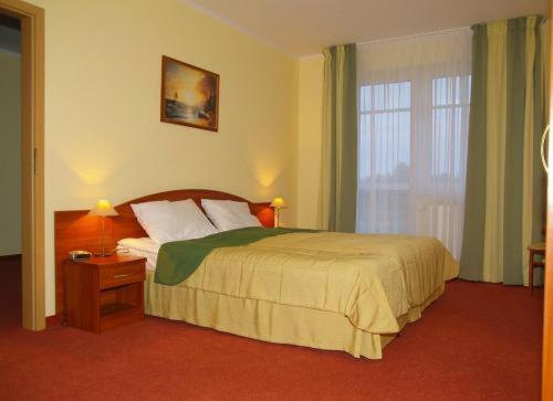 a hotel room with a bed and a window at Villa Sylvia in Dźwirzyno