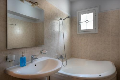 a bathroom with a sink and a toilet and a mirror at Erato Apartment in Tsilivi
