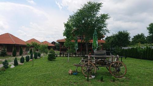 a horse drawn carriage in front of a house at Satul Traditional in Runcu