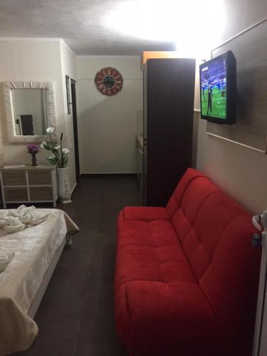a living room with a red couch and a tv at Hotel Alexandros II in Toroni