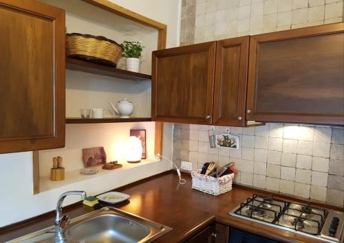 a kitchen with wooden cabinets and a sink at Casetta nel Borgo in Olevano Romano