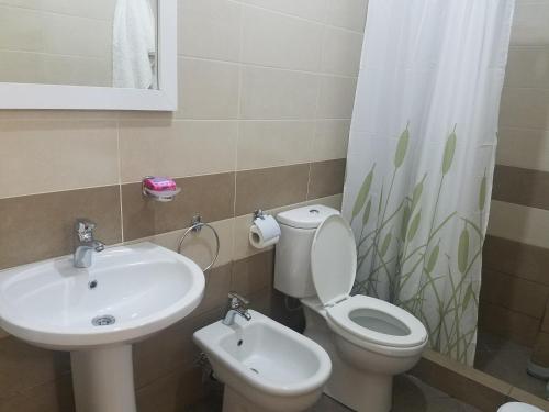 a white toilet sitting next to a sink in a bathroom at Villa Balani in Durrës