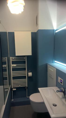 ein Badezimmer mit einer weißen Toilette und einem Waschbecken in der Unterkunft Quartier im Burghof in Flensburg