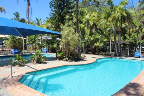 a swimming pool with a blue umbrella and palm trees at Lani's Holiday Island in Forster