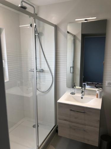 a bathroom with a glass shower and a sink at Bel Appartement vue mer in Merville-Franceville-Plage