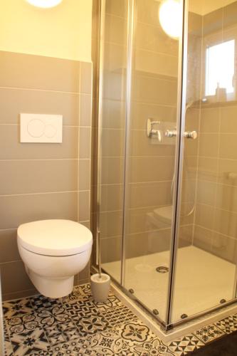 a bathroom with a toilet and a shower at Tauber Lodge in Creglingen