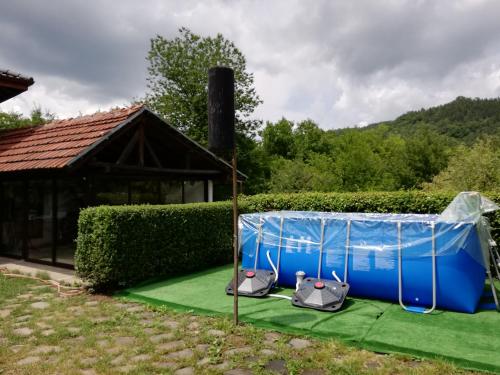 a tent with two dogs on it on a green field at Guest House Bojana in Troyan