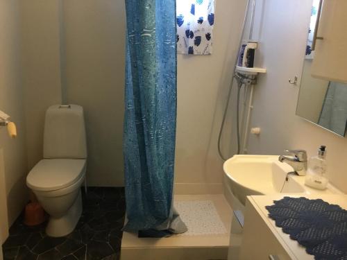 niebieską zasłoną prysznicową w łazience z toaletą w obiekcie Kong Hans gt. 28 w mieście Andenes