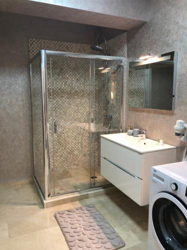 a bathroom with a shower and a sink and a washing machine at Luxury Apartment Sophia 3 - DaviDary in Mamaia