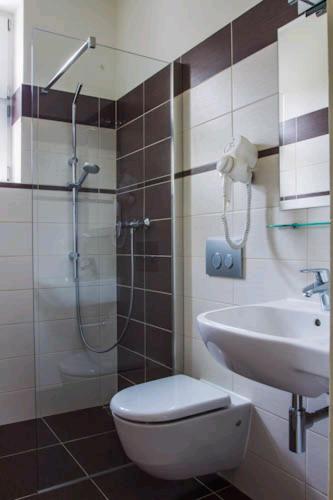 a bathroom with a shower and a toilet and a sink at Pension Karnet in Prague