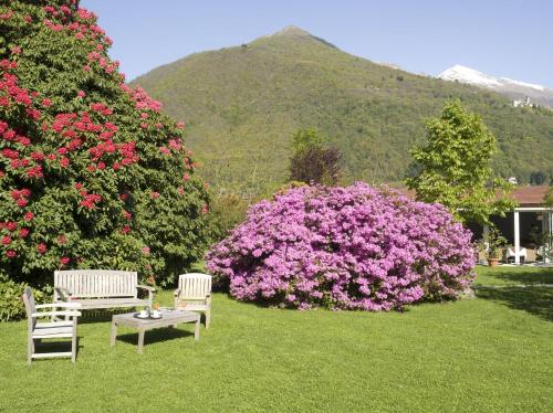 two chairs and a table in a yard with flowers at Park Hotel Villa Belvedere in Cannobio