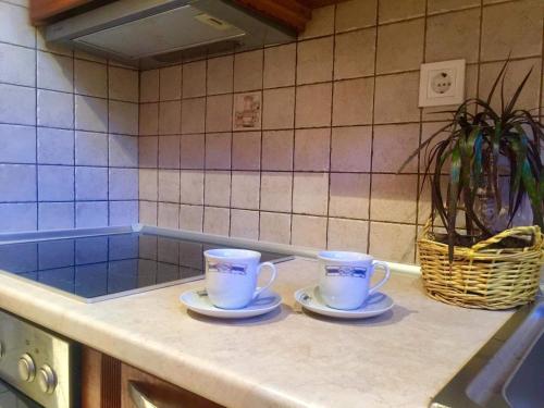 two cups on plates on a counter in a kitchen at Heaven's house in Kallirákhi