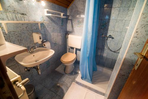 e bagno con lavandino, servizi igienici e doccia. di Bed & Breakfast Hisa Resje a Bohinj