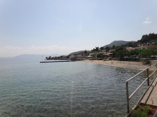 a beach with a pier in the water at Despoina Apartments in Edipsos