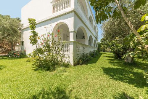 a large white house with a grass yard at Ruassi Studios in Amoudi