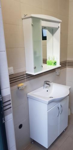 a bathroom with a white sink and a mirror at Old house Nilovic in Livari