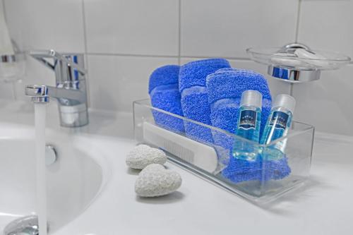 a container of blue toothbrushes on a bathroom counter at Tertianum Residenza Al Lido - Appartements & Restaurant in Locarno