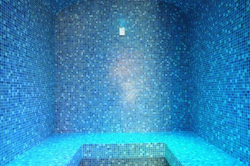 a blue tiled bathroom with a tub in a room at TOURING HOTEL & SPA in Edolo