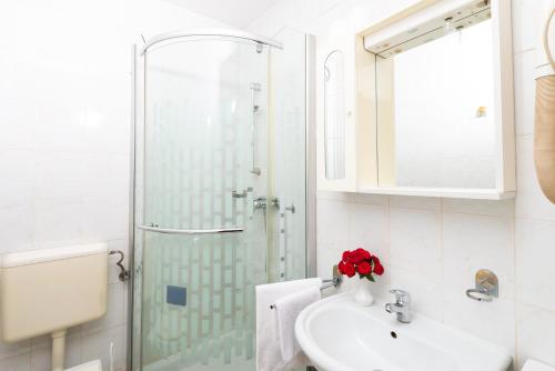 a bathroom with a glass shower and a sink at Bed and Breakfast Portal in Ljubljana