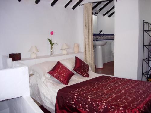 プリエゴ・デ・コルドバにあるLirio Azul Casa Ruralのベッドルーム1室(赤い枕とシンク付きのベッド1台付)