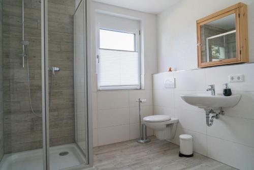 a bathroom with a shower and a toilet and a sink at Apartment Schneeburg in Ebringen