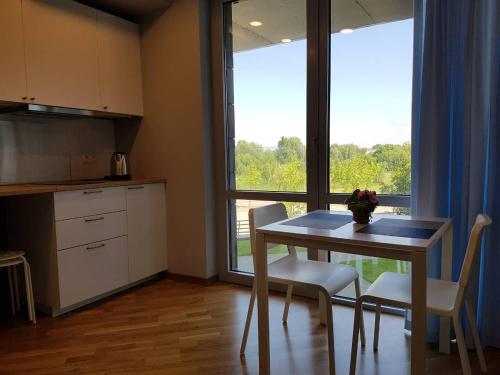 eine Küche mit einem Tisch und Stühlen vor einem Fenster in der Unterkunft Apartamentai Elija Plus in Šventoji