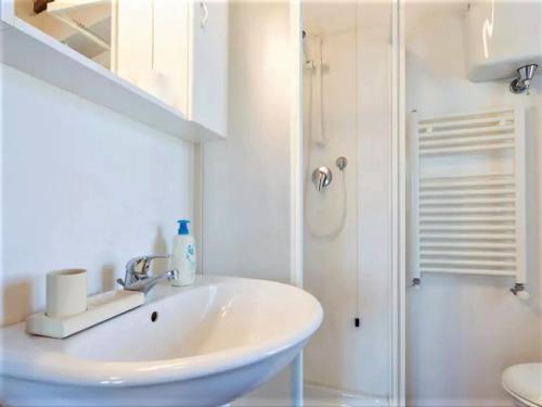 a white bathroom with a sink and a shower at Podere San Guglielmo in Sarteano