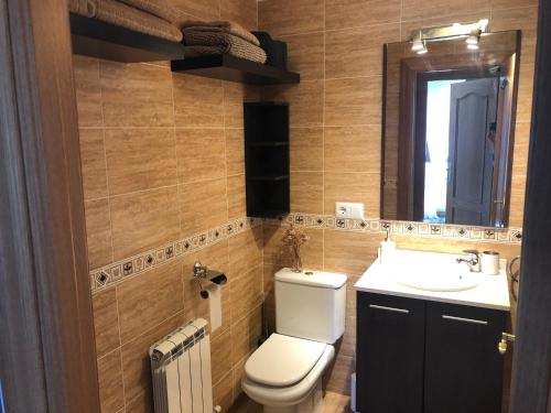 un bagno con un water, un lavandino e uno specchio di Apartamento Ezcaray con Piscina a Zorraquín