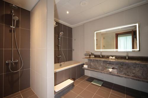 a bathroom with a tub and a sink and a shower at Novotel Jazan in Jazan