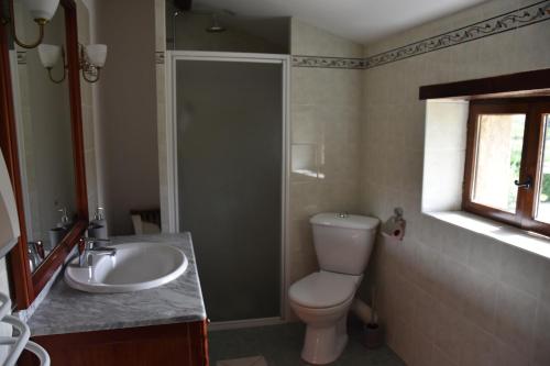 une salle de bain avec toilettes, lavabo et douche dans l'établissement Gîte La Lichère - La Chanterelle, à Saint-Montan