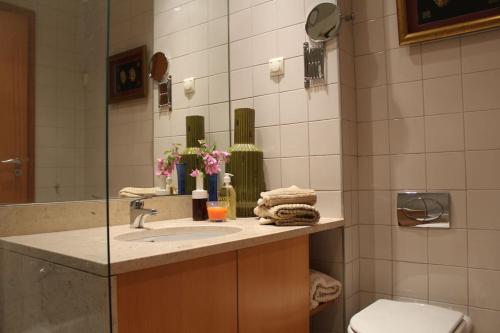 a bathroom with a sink and a toilet and a mirror at Great Apartment in Meo Arena and Fil in Lisbon