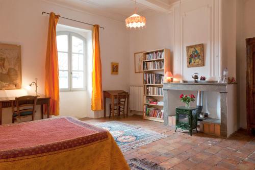 um quarto com uma cama, uma lareira e uma janela em Les Asphodèles em Saint-Hippolyte-du-Fort