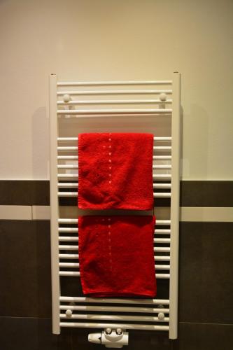 a red towel on a towel rack in a bathroom at Appartement Wieshof in Neukirchen am Großvenediger
