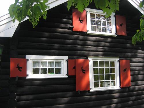 two windows on the side of a log house at Rabens Cottage in Bengtsfors