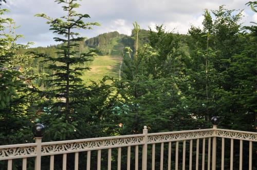 a wooden fence with a view of a forest at Idylia Grand Villas in Migovo