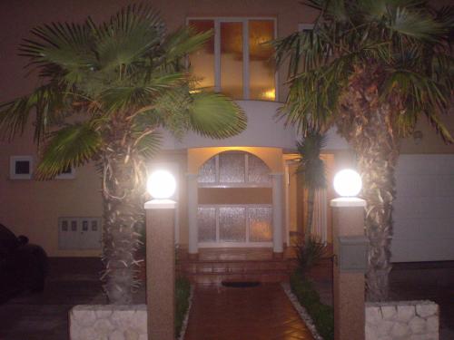 two palm trees in front of a house with lights at Villa Jelena in Zadar