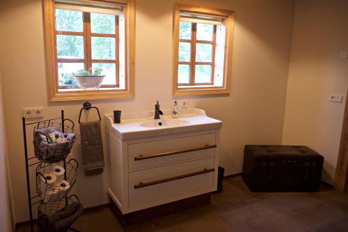 a bathroom with a sink and a window at Íslandsbærinn /Old Farm in Akureyri