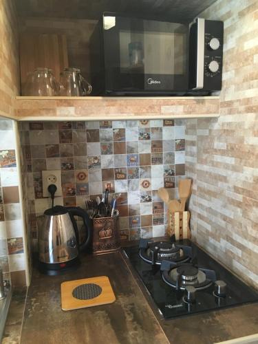 a kitchen counter with a stove and a microwave at Apartment Barita in Tbilisi City
