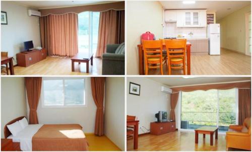 four different pictures of a bedroom and a living room at Muju Ilsung Condo in Muju