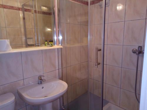 a bathroom with a shower and a sink at Zappion Hotel in Athens