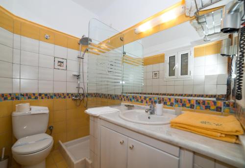 a bathroom with a sink and a toilet and a mirror at Andreolas Luxury Suites in Tsilivi