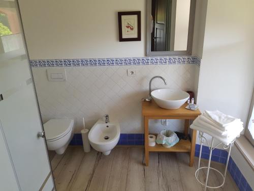 a bathroom with a sink and a toilet and a mirror at La Carosera in Castellengo